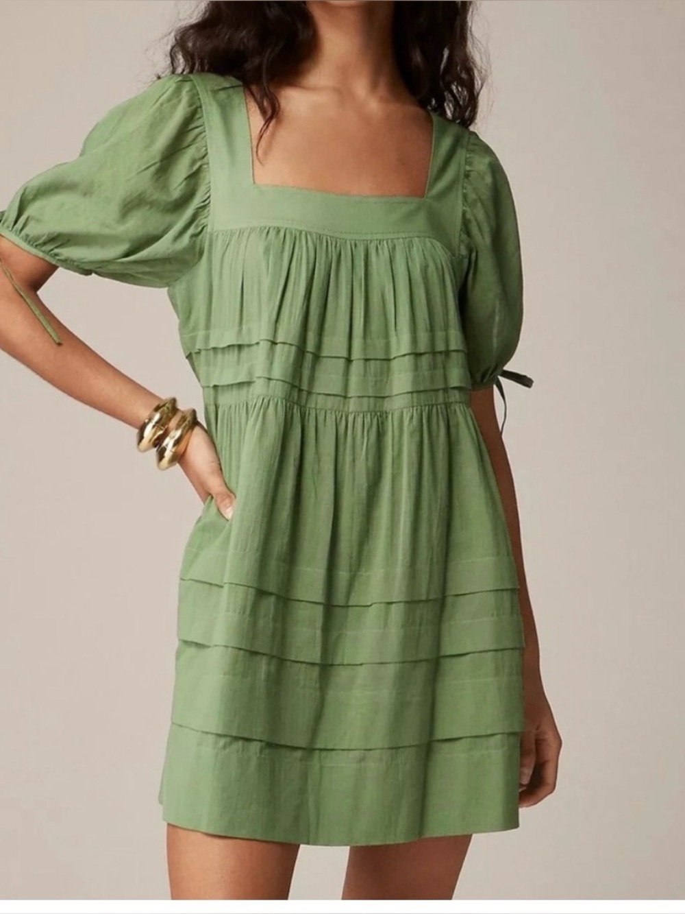 J. Crew Olive Green Square-Neck Tiered Mini Dress